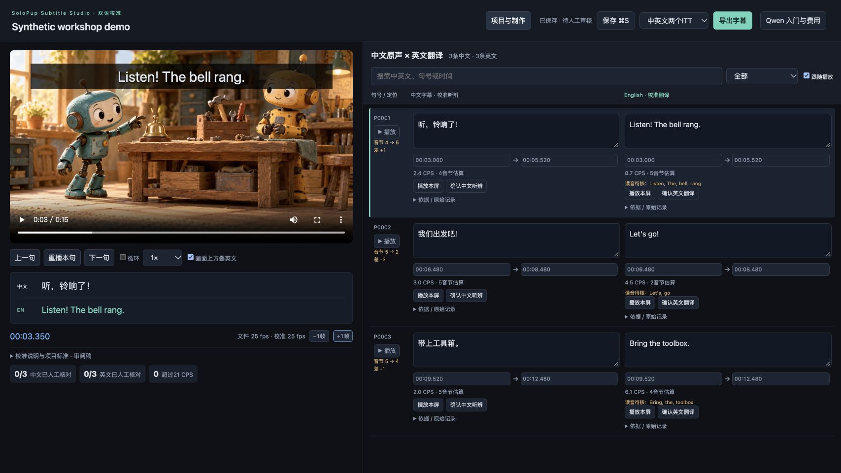 Actual bilingual-review interface with synthetic demo data