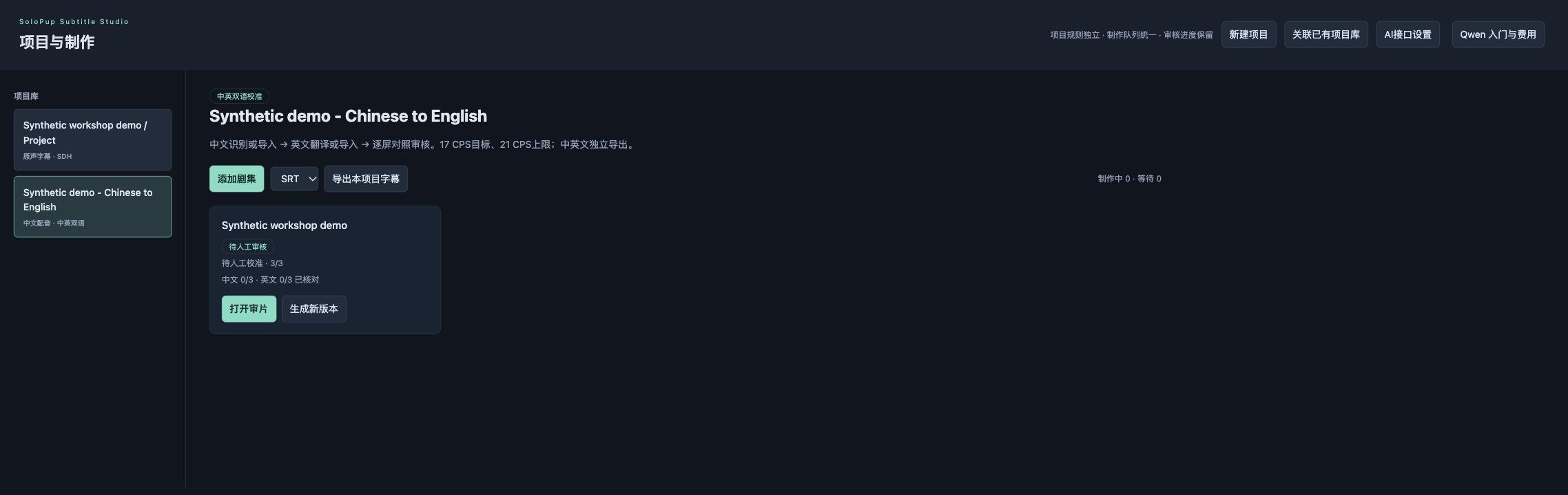 Real project hub with workflow, review progress and subtitle export